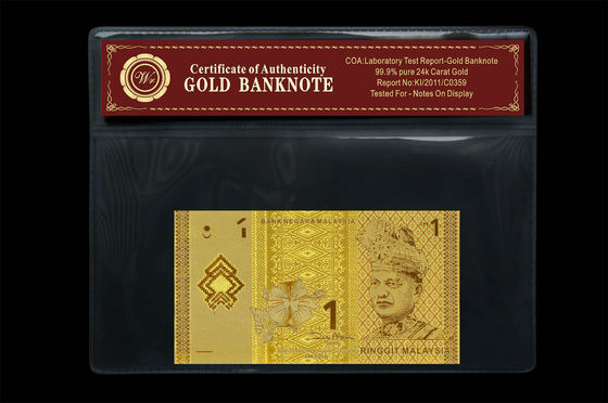 Nota lindo Malásia 1 cédula do ouro do ringgit 24k com suporte plástico