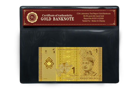 Nota lindo Malásia 1 cédula do ouro do ringgit 24k com suporte plástico