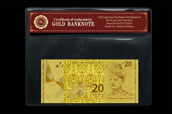 Ringgit de Malásia 20 gravado em 24 da cédula pura do ouro do quilate blocos plásticos do suporte