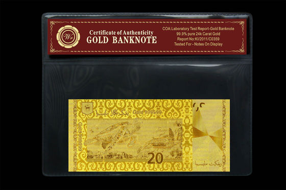 Ringgit de Malásia 20 gravado em 24 da cédula pura do ouro do quilate blocos plásticos do suporte