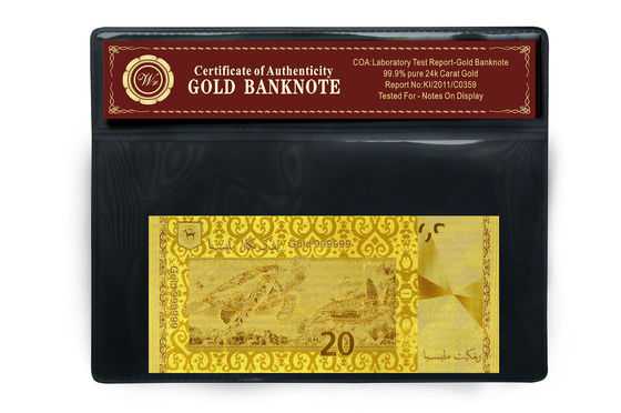 Ringgit de Malásia 20 gravado em 24 da cédula pura do ouro do quilate blocos plásticos do suporte